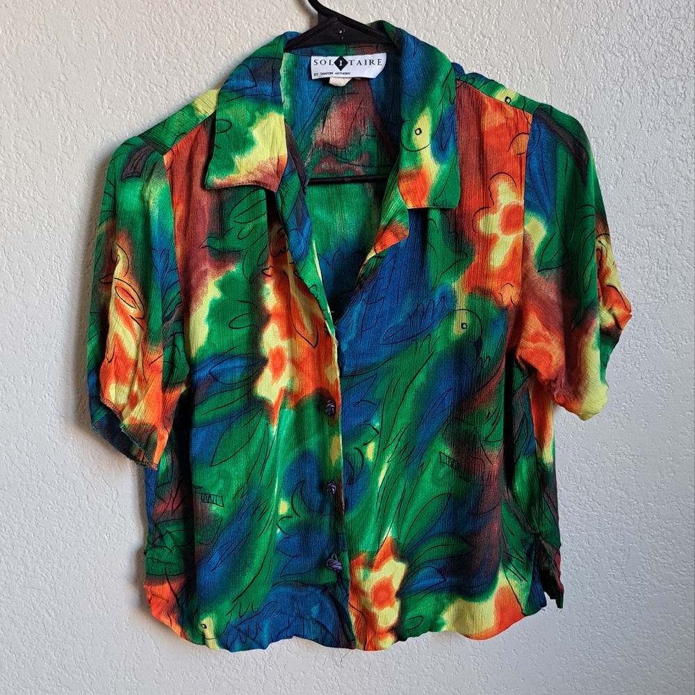 Vintage Solitaire Tie-Dye Tropical Bird Print Button Down Top